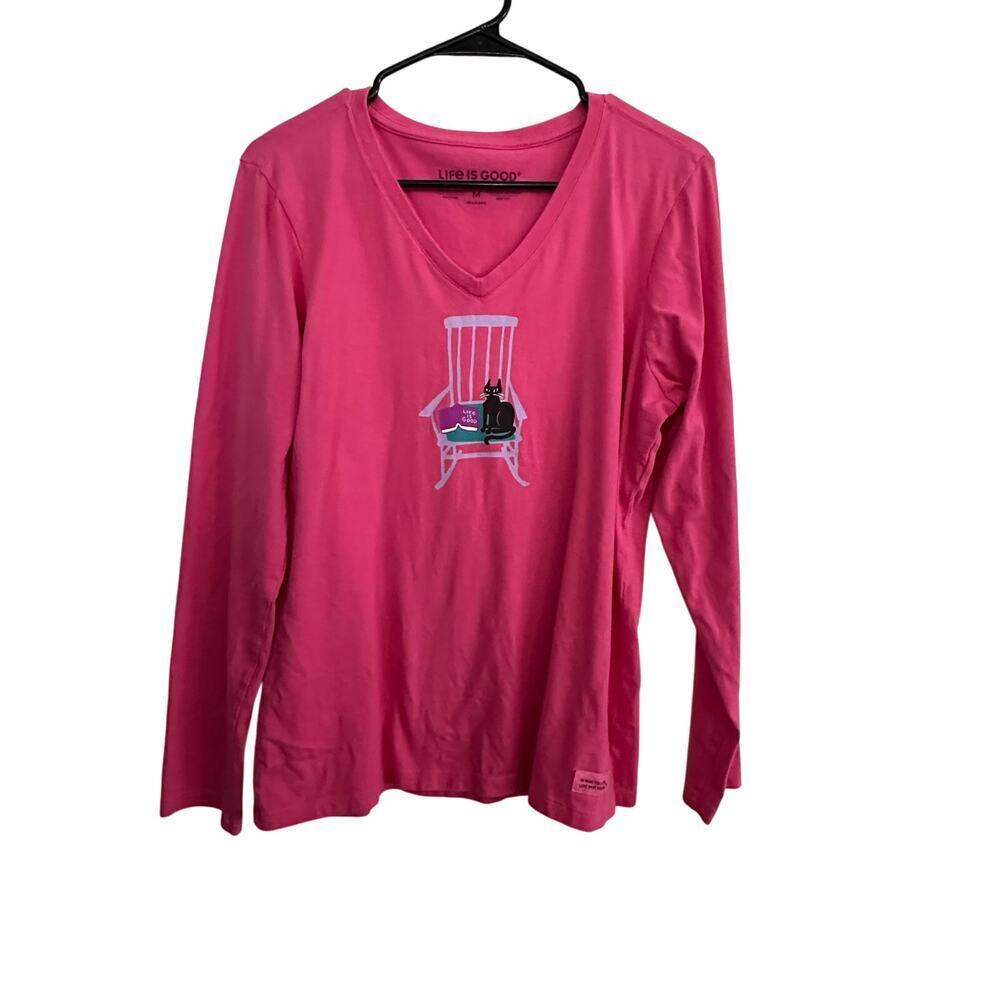 Life Is Good V-Neckline Long Sleeves Rocking Chair Cat Crusher T-shirt Size M